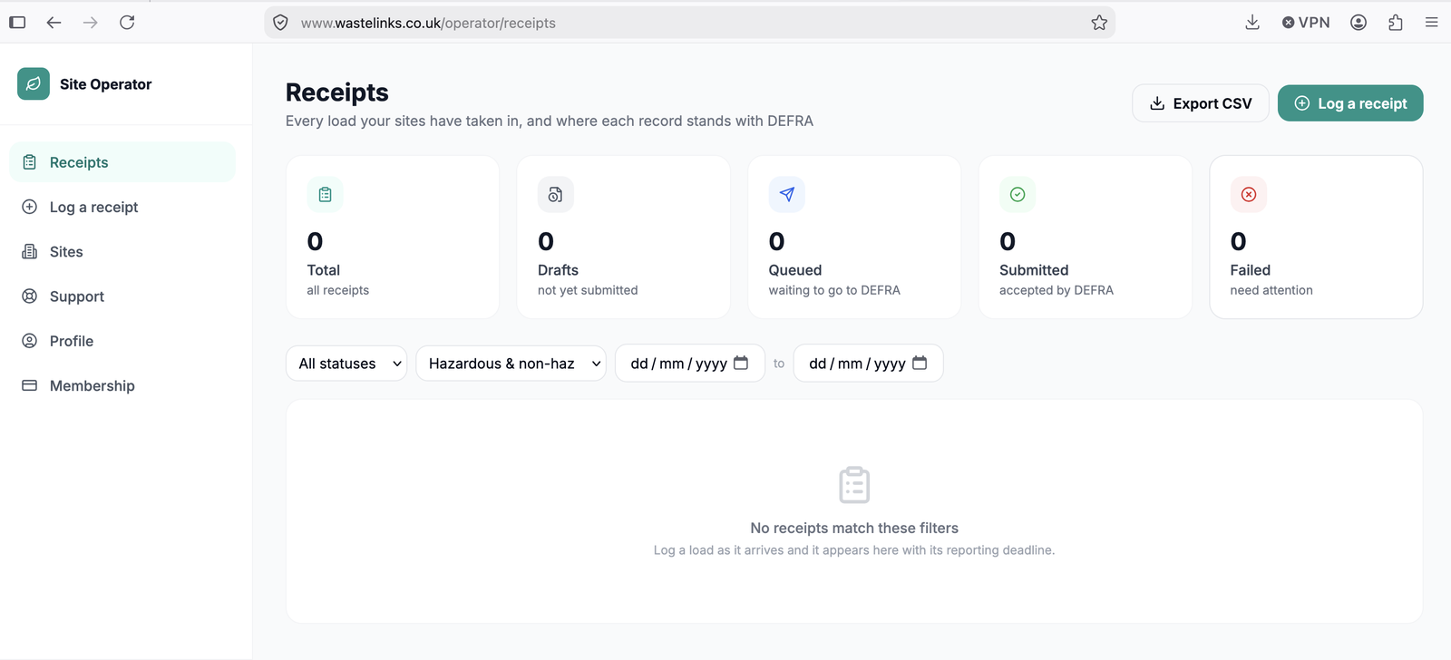 The Site Operator receipts dashboard in WasteLinks, showing totals for drafts, queued, submitted and failed records